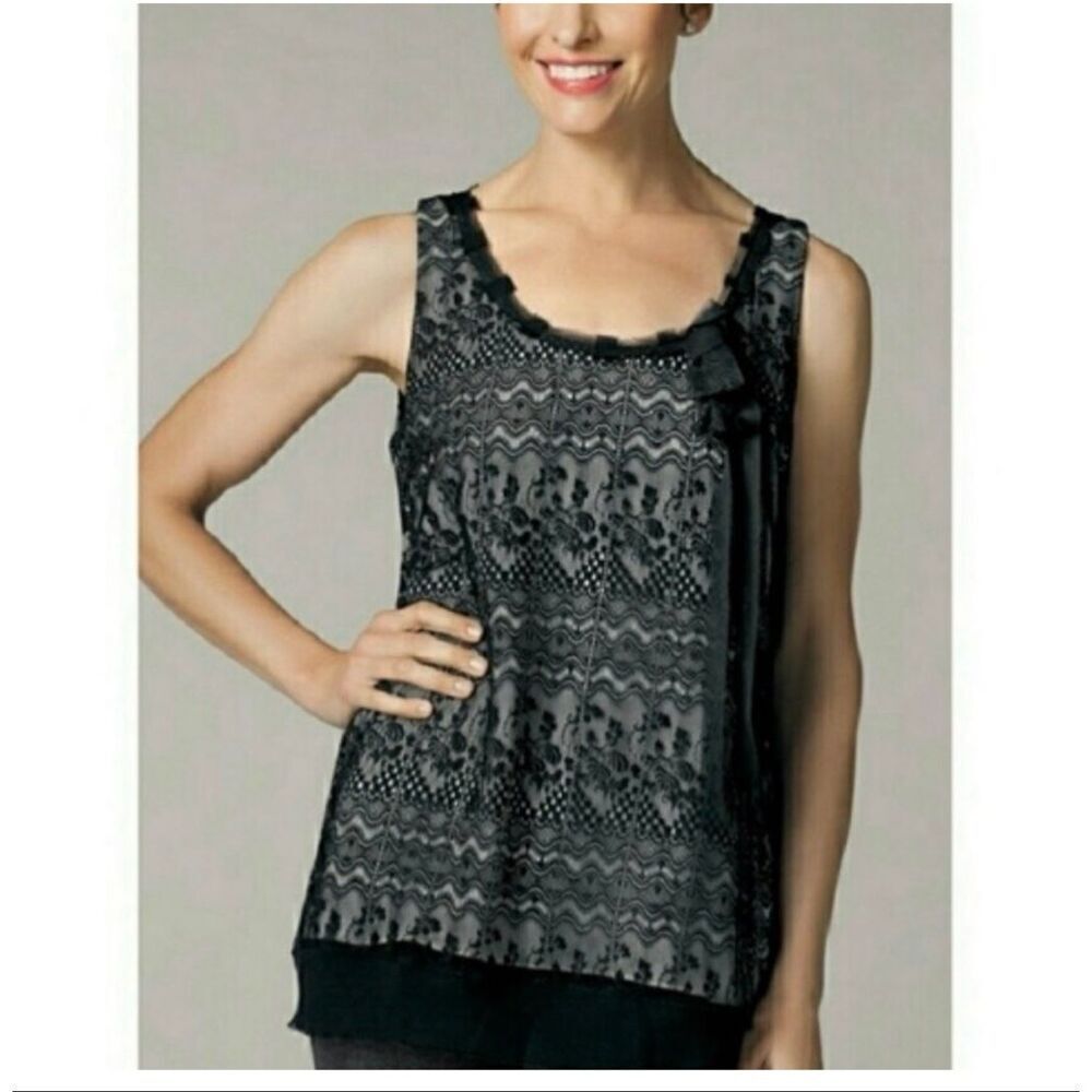 Cabi Emily tank top blouse black floral lace overlay raw edge tie neck size XL